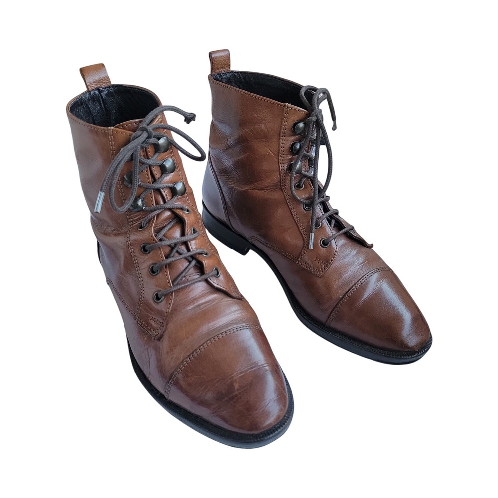 Nobel Brown Leather Cap Toe Lace-Up Ankle Booties Almond Toe EU‎ 37 US 6.5